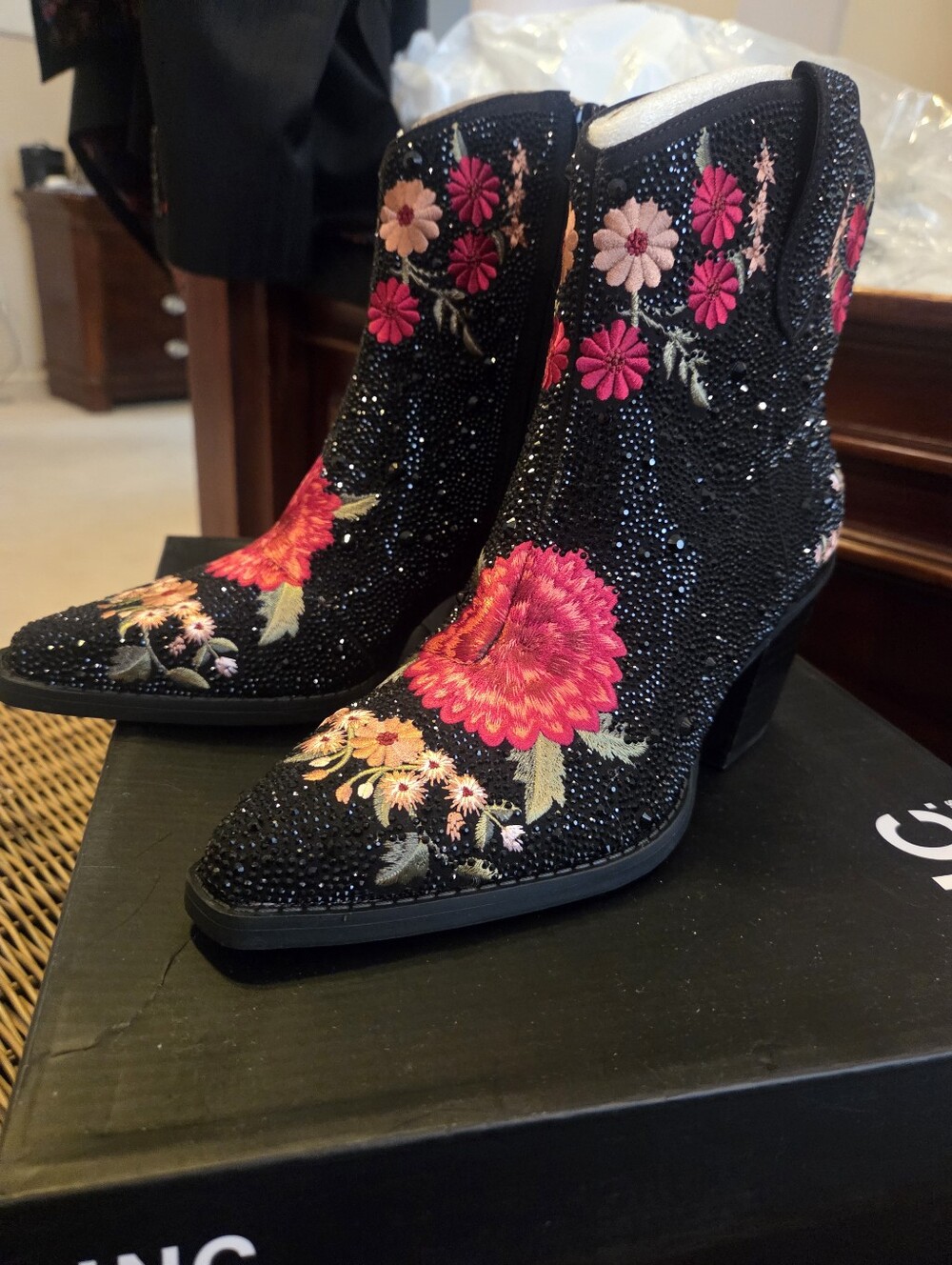 INC Black Rhinestone Flowered Boot